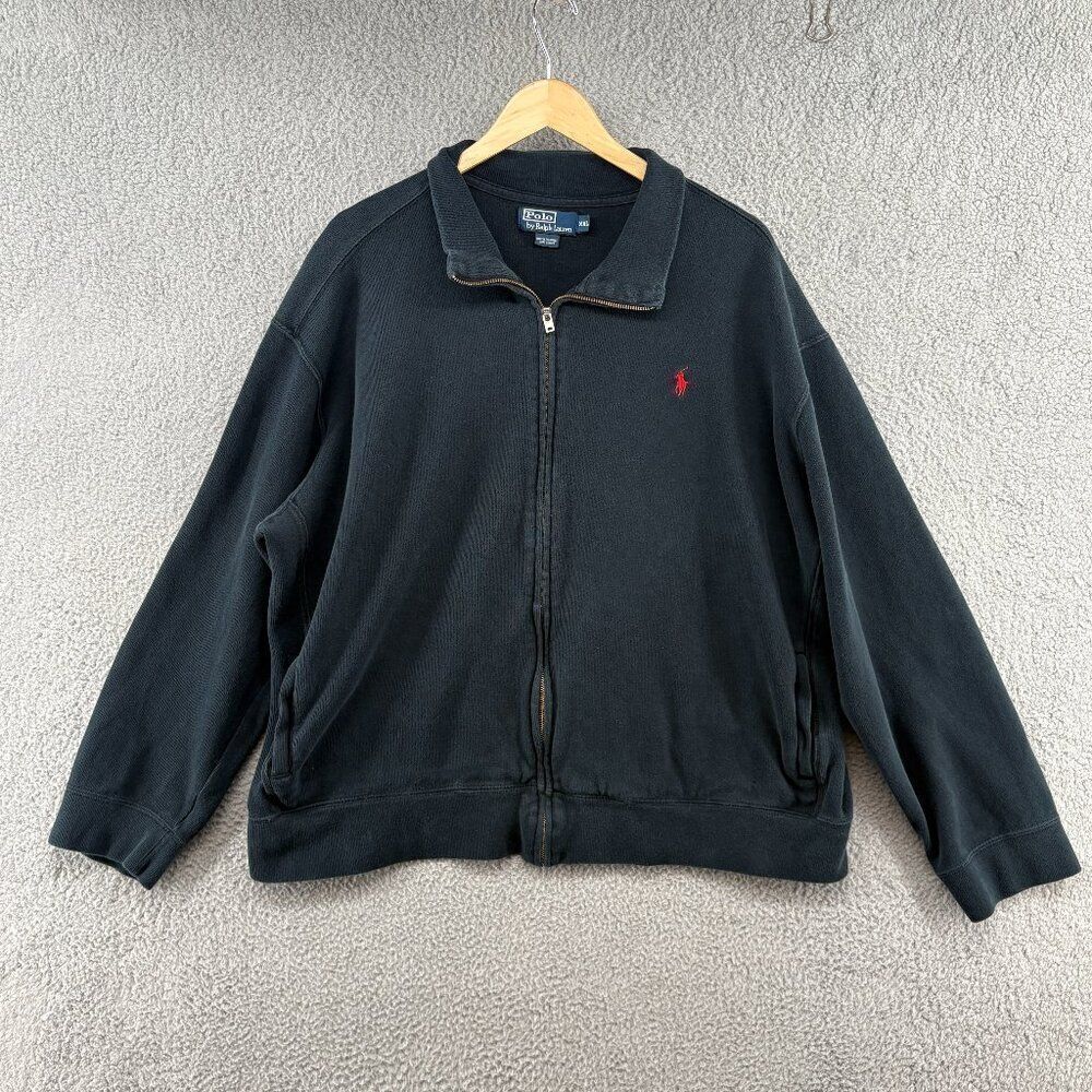 Polo by Ralph Lauren Full Zip Sweatshirt Black Red Pony Logo XXL Vintage Cotton